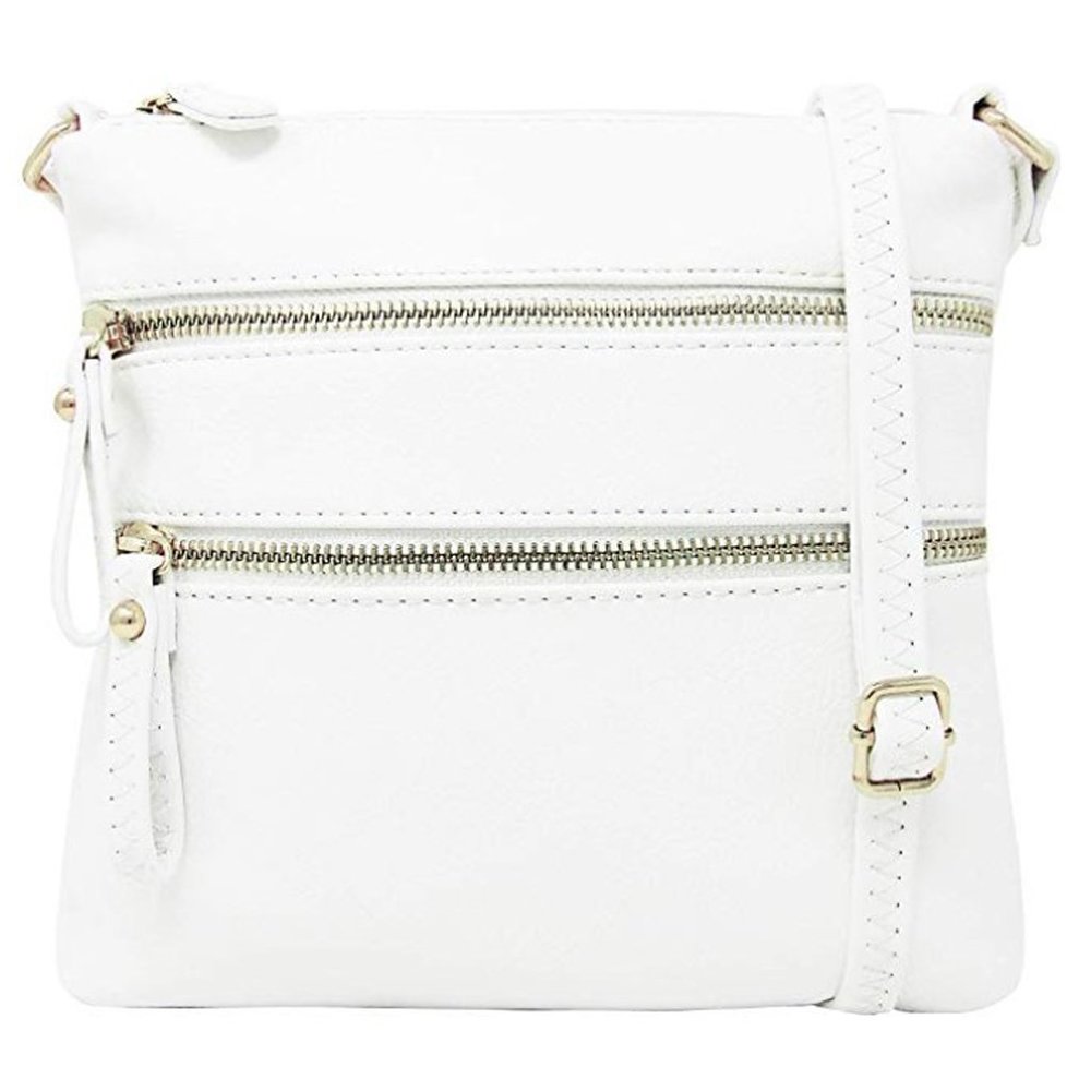 White Multi-Pocket Double Zipper Purse Crossbody